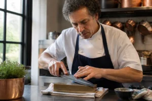 Un chef aiguise une lame en acier au carbone sur une pierre à eau dans une cuisine professionnelle.