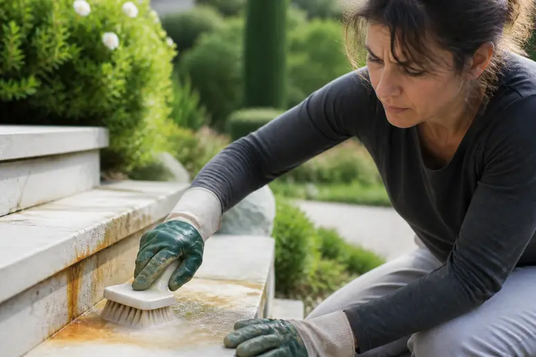 Nettoyage de taches de rouille d'acier Corten sur du béton avec une brosse par une jardinière.