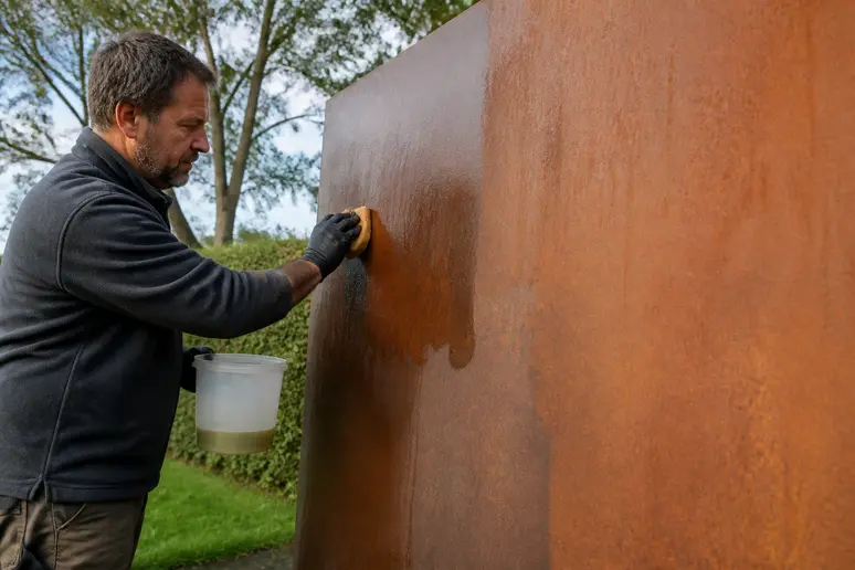 Application d'un traitement accélérateur d'oxydation sur une plaque en acier corten