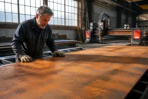 Tôle d'acier corten prix au mètre carré examinée dans un atelier par un artisan