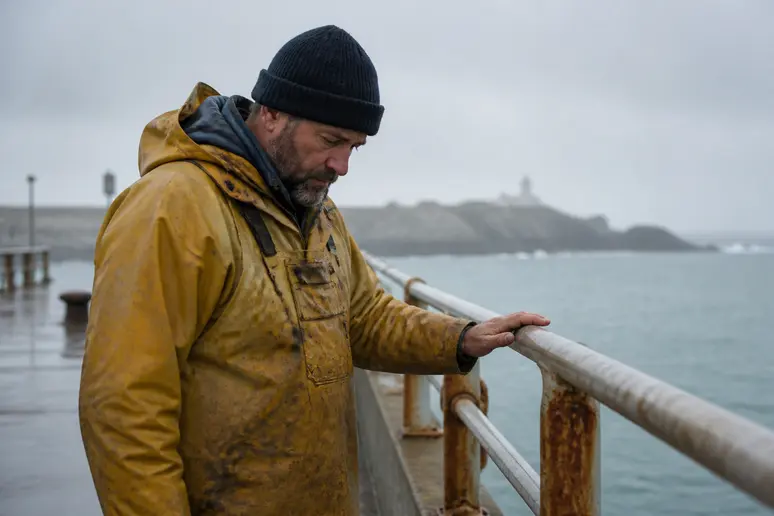 Un pêcheur breton examine la résistance d'un garde-corps en acier galvanisé ou inox près de la mer.