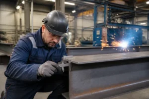 Un technicien contrôle les dimensions d'une poutre en acier S235 dans un atelier de fabrication métallique.