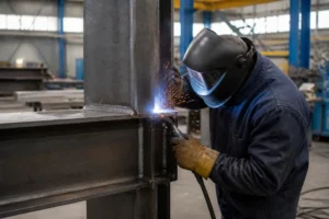 Ouvrier qualifié réalisant une soudure de précision sur une structure en acier S355 dans un atelier