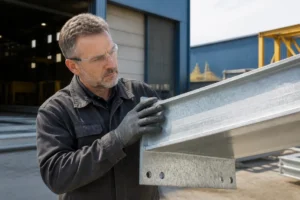 Un ouvrier inspecte une poutre en acier zingué dans un atelier pour évaluer sa résistance à la corrosion.