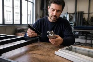 Comparaison des profilés en aluminium ou acier sur un établi dans un atelier de métallerie