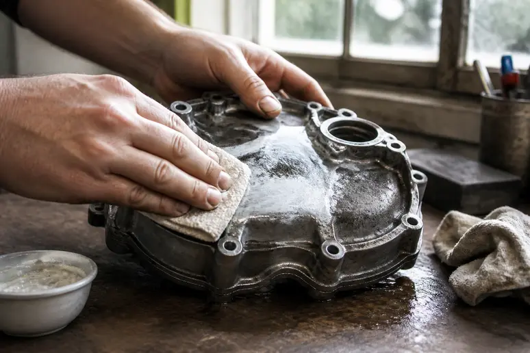 Application d'une solution naturelle sur une surface en aluminium oxydé avec un chiffon doux.