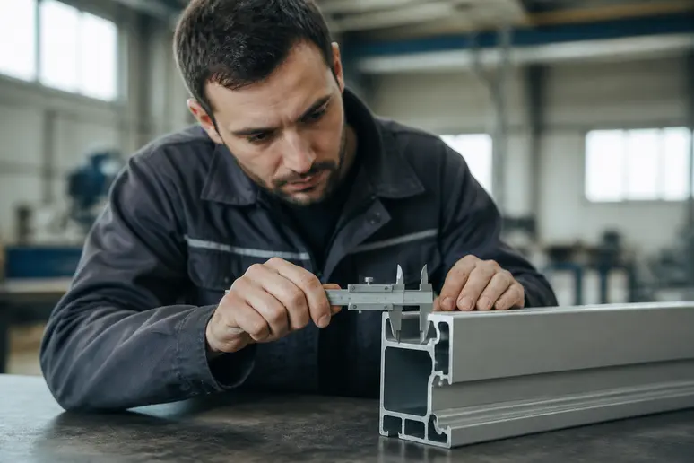 Contrôle d'un profilé en aluminium série 6000 avant assemblage