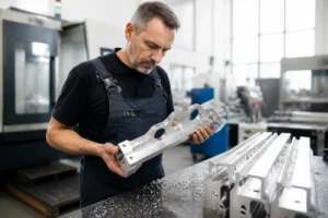 Technicien qualifié contrôlant des profilés en aluminium série 6000 usinés dans un atelier mécanique moderne