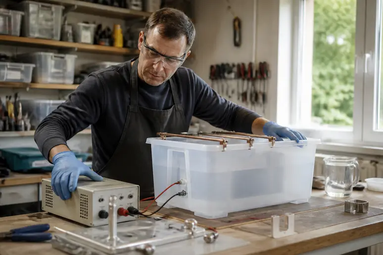 Un bricoleur français assemble son matériel pour l'anodisation aluminium dans son atelier.