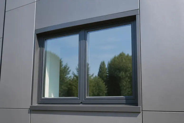 Cadre de menuiserie en aluminium installé en façade extérieure avec sa finition résistante.