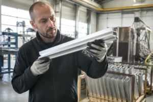 Ouvrier inspectant un profilé en aluminium dans un atelier, illustrant le choix entre anodisation ou thermolaquage.