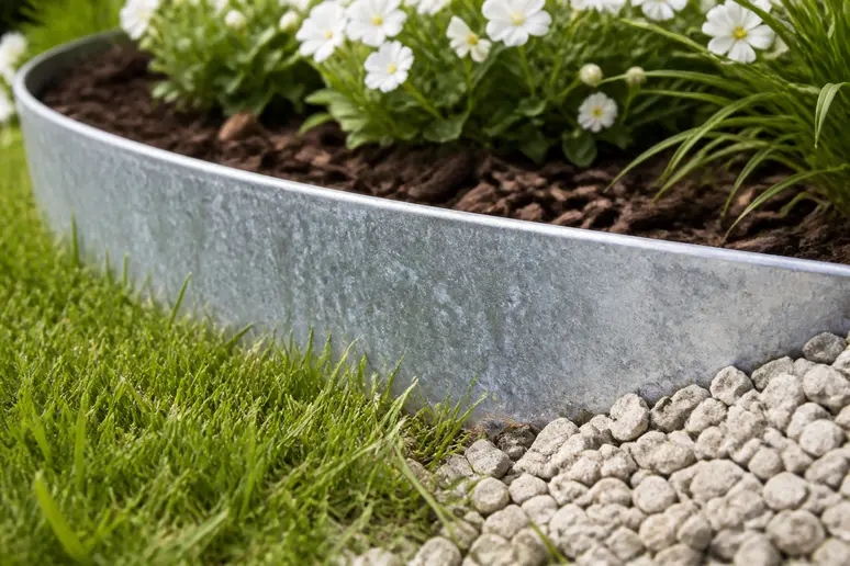 Bordure en acier galvanisé installée le long d'un massif de fleurs au jardin