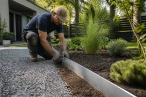 Installation d une bordure acier galvanisé robuste le long d une allée de jardin