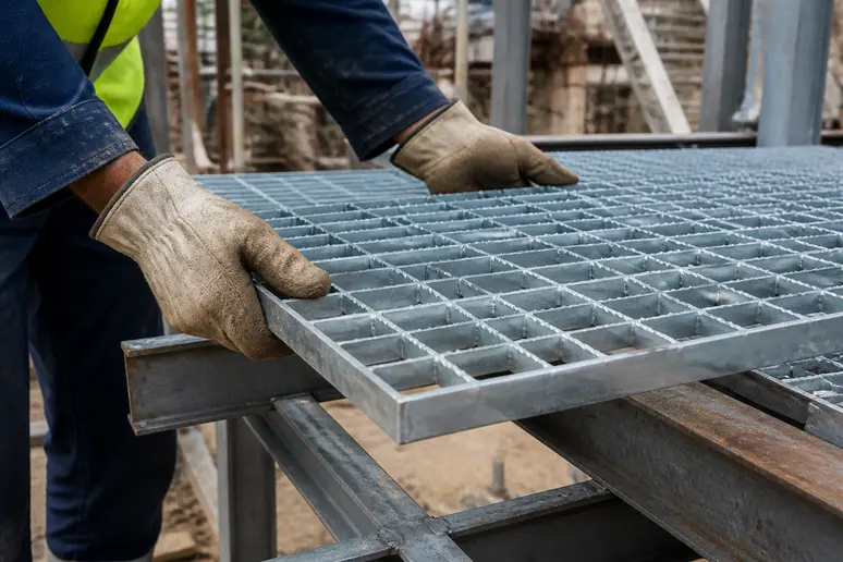 Ouvrier positionnant un caillebotis galvanisé sur les appuis de la structure porteuse