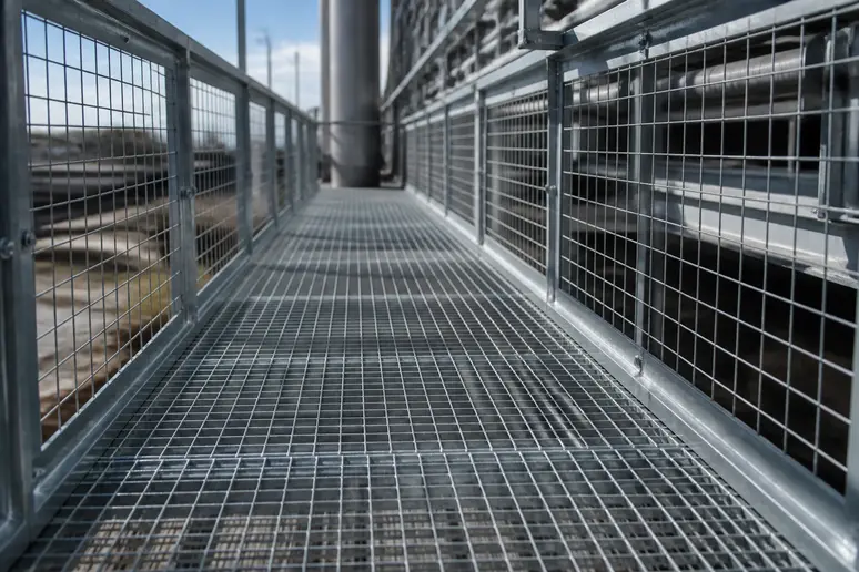 Passerelle extérieure équipée d'un caillebotis galvanisé à maille de sécurité 19x19 mm