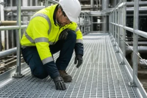 Un ouvrier inspecte un caillebotis galvanisé installé sur une passerelle industrielle extérieure.