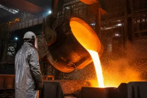 Un ingénieur en équipement de protection observe le métal en fusion dans une usine où l'on découvre comment est fabriqué l'acier.