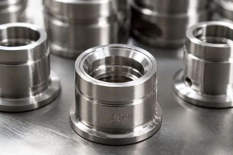 Pièces industrielles en acier inoxydable montrant la différence de finition entre nuances