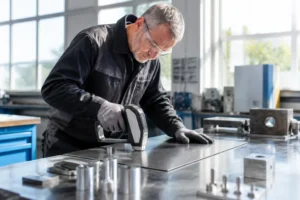 Technicien analysant la composition acier inoxydable dans un atelier de métallurgie