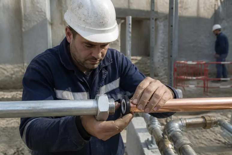 Installation d'une rondelle isolante pour prévenir la corrosion galvanique entre deux tuyaux.