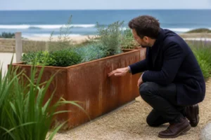 Exemple de corten bord de mer montrant l'oxydation du métal sur un littoral.