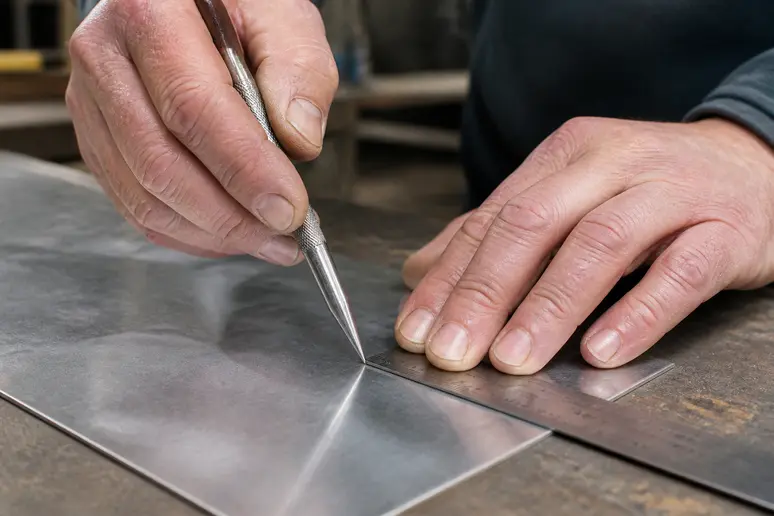 Utilisation d'une pointe au carbure guidée par une règle pour couper de l'aluminium