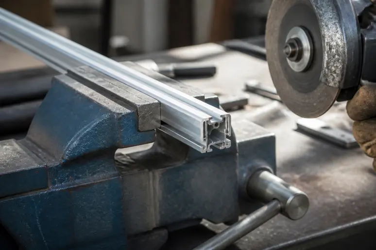 Profilé en aluminium fermement bridé dans un étau avant de couper de l'aluminium