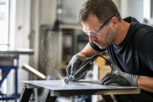 Artisan dans un atelier en train de couper de l'aluminium sur une plaque mince