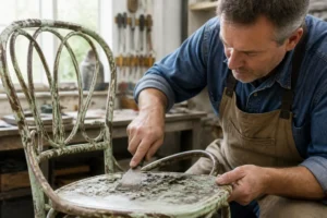 Artisan utilisant un outil pour décaper peinture sur métal sur une chaise ancienne