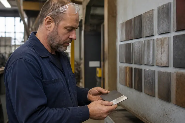Technicien analysant les propriétés physiques et la densité des métaux à partir d'un tableau de référence