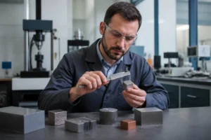 Un ingénieur analyse des blocs de métal pour comparer leur densité des métaux dans un laboratoire.