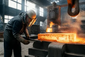 Ouvrier analysant une pièce pour comprendre la différence acier et fer dans un atelier industriel.
