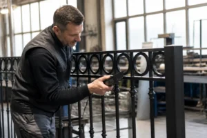 artisan qualifié inspectant une rampe en métal pour évaluer la durée de vie thermolaquage en atelier