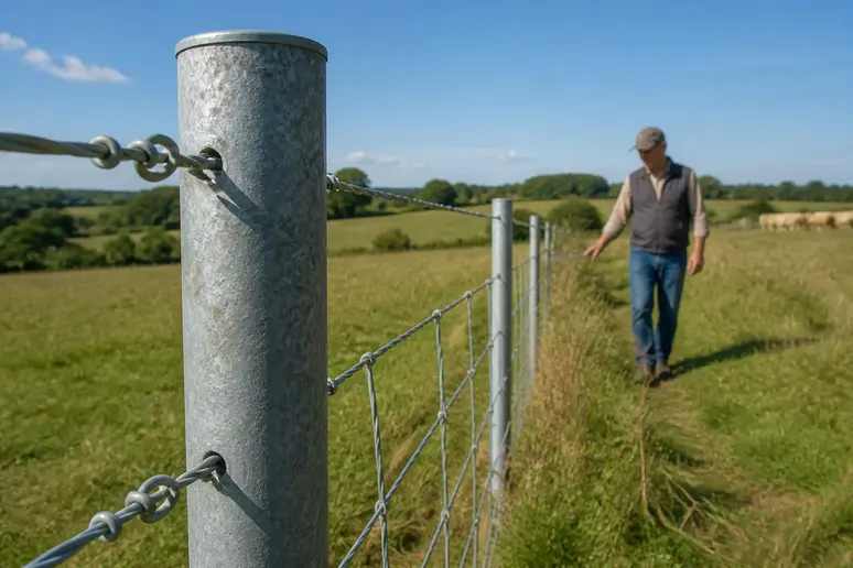 Poste de clôture en acier avec revêtement de galvanisation à chaud, résistant aux intempéries en milieu rural.
