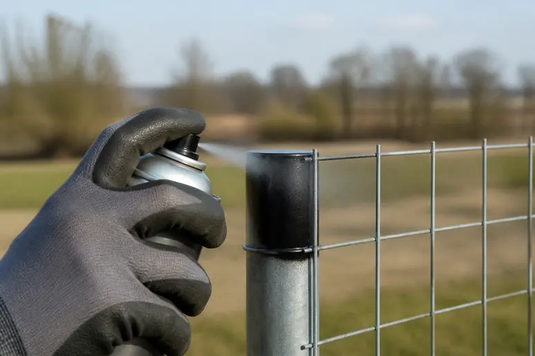 Application d'un spray galvanisant antirouille sur la coupe d'un grillage galvanisé