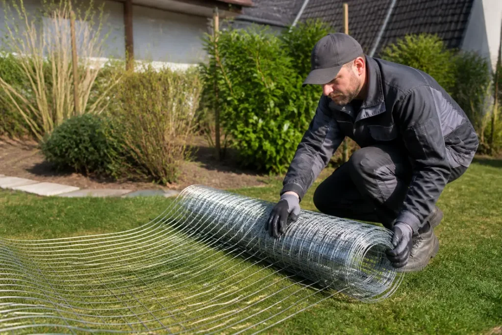 Installation d'une clôture extérieure à l'aide d'un grillage galvanisé dans un jardin résidentiel.