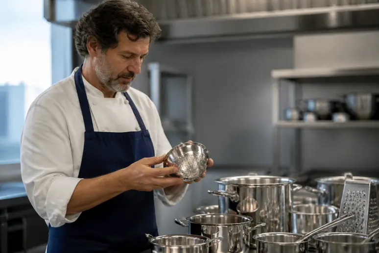 Choix entre inox 304 ou 316 : un cuisinier évalue un ustensile en inox dans une cuisine professionnelle.
