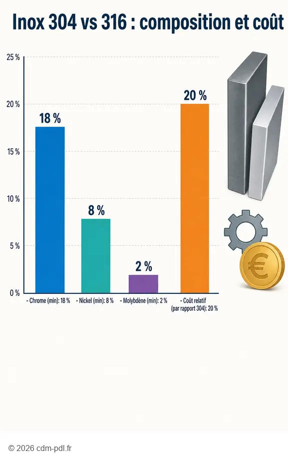 Comparaison des différences clés entre l'inox 304 ou 316 en termes de composition et de coût relatif.