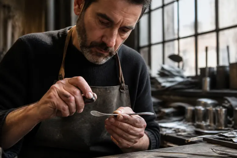 Un artisan teste si cet inox est magnétique avec un aimant dans son atelier.