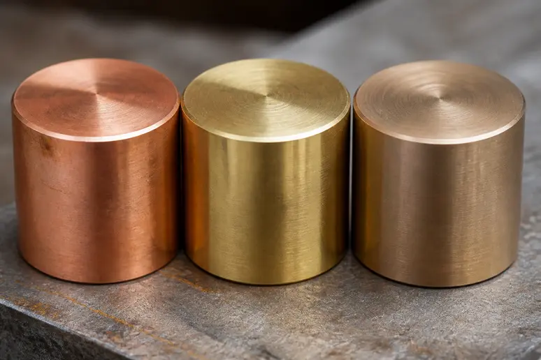 Échantillons de cuivre, laiton et bronze alignés pour comparer leurs teintes et éclats.