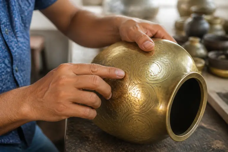 Main testant la sonorité d'un objet creux en laiton par une légère percussion.