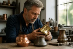 Artisan examinant des objets en laiton bronze cuivre sur un établi en bois lumineux