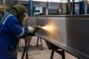 Technicien appliquant un traitement de métallisation acier sur une poutre métallique en atelier.