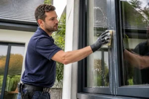 Un professionnel nettoyer aluminium extérieur avec une éponge sur un cadre de fenêtre moderne