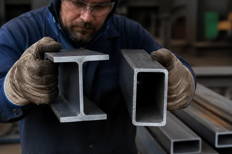 Ouvrier comparant des profilés en nuance acier dans un atelier de métallerie