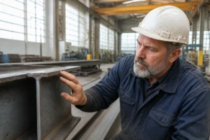 Technicien inspectant les marquages d'une nuance acier dans un atelier de métallurgie
