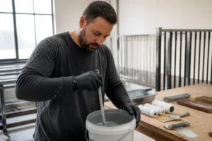 Un artisan mélange la peinture époxy pour métal dans son atelier lumineux avant l'application.