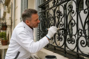 Artisan appliquant de la peinture ferronnerie extérieure sur un garde-corps en fer forgé