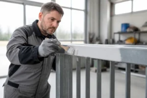 Un artisan applique une sous-couche sur une barrière en peinture galvanisé dans un atelier lumineux