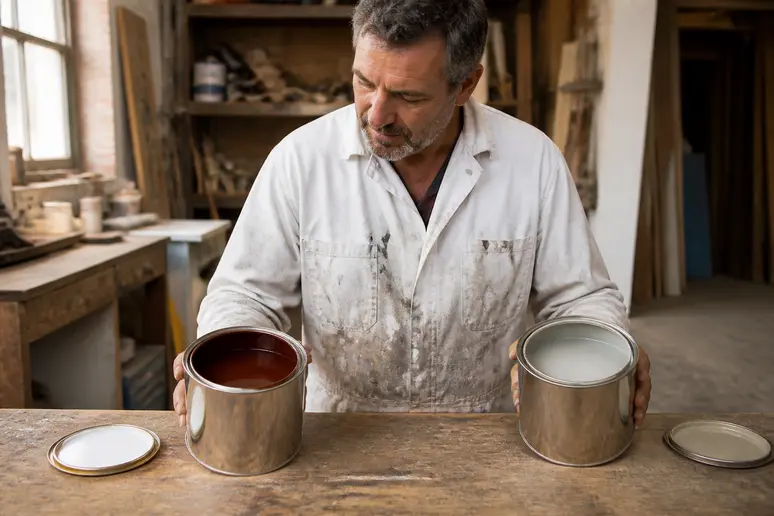 Artisan comparant deux pots de peinture métal aux textures et finitions différentes.